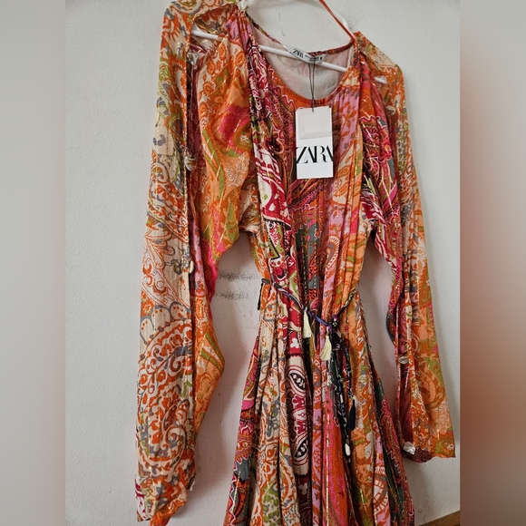 NWT Zara Short Printed Dress Belted Multicolored Orange Size XL 7521/049 - Picture 5 of 15